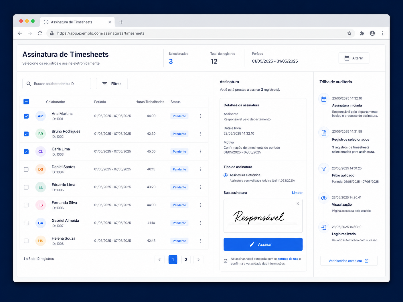 Tela do Blue Ponto Web com lista de espelhos de ponto, painel de assinatura e trilha de auditoria