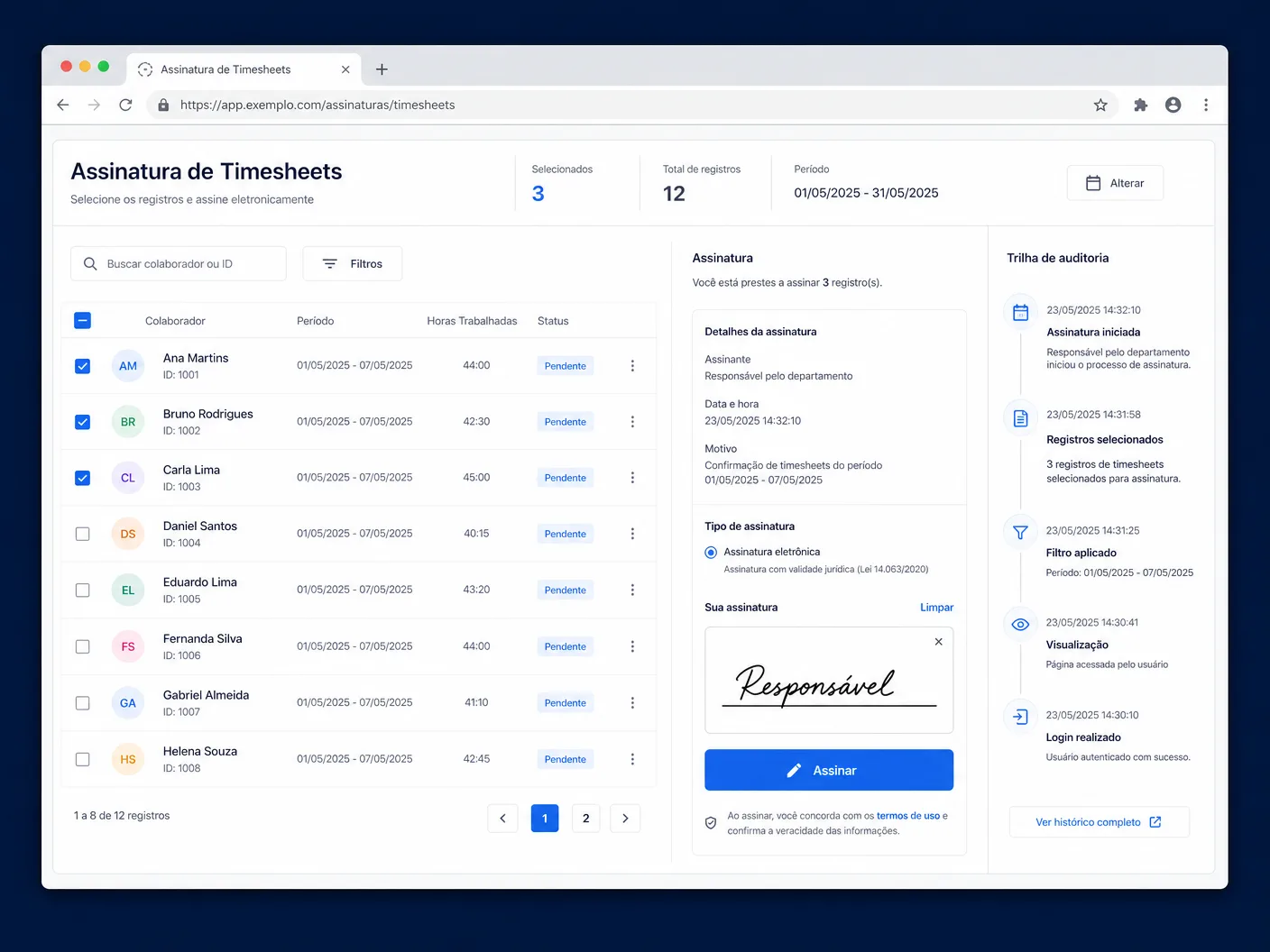 Tela do Blue Ponto Web com lista de espelhos de ponto, painel de assinatura e trilha de auditoria