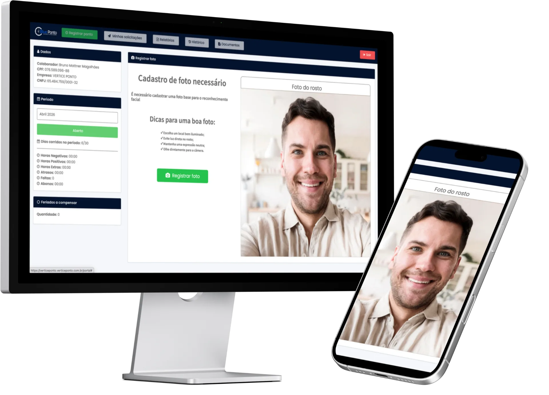 Portal Blue Ponto com cadastro de foto do colaborador para reconhecimento facial, no computador e no celular