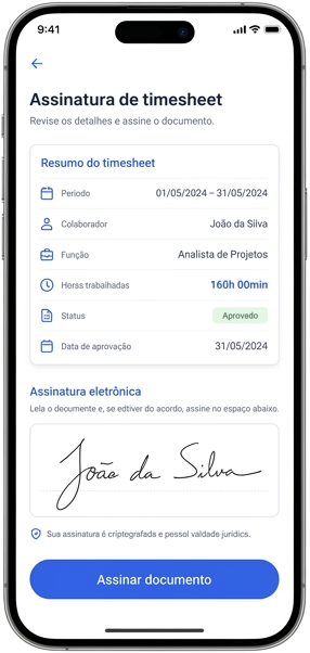 Tela do aplicativo Blue Ponto com resumo do espelho de ponto e área de assinatura eletrônica