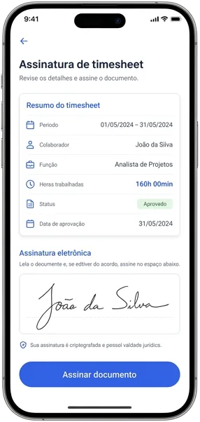 Tela do aplicativo Blue Ponto com resumo do espelho de ponto e área de assinatura eletrônica