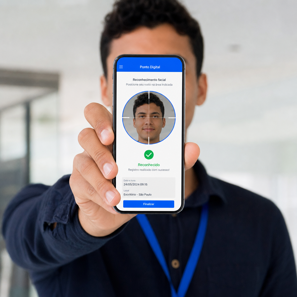 Pessoa registrando o ponto pelo celular com reconhecimento facial no Blue Ponto App