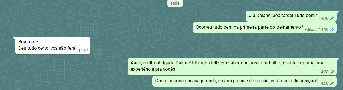 Print de conversa no WhatsApp em que a cliente Daiane diz que o treinamento ocorreu bem e elogia a equipe da Blue Ponto