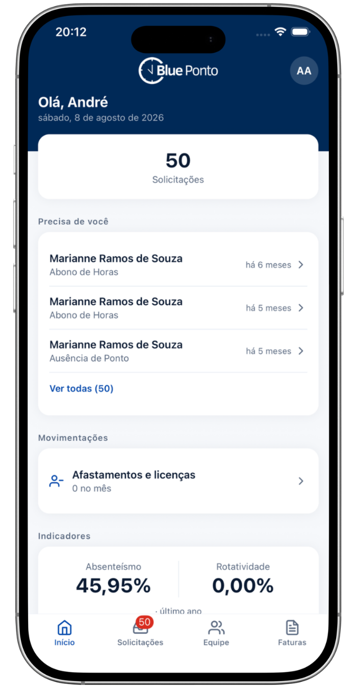 Celular com a tela do Blue Ponto Gestor exibindo solicitações e indicadores