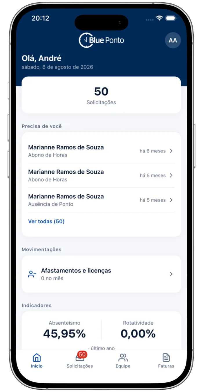 Celular com a tela do Blue Ponto Gestor exibindo solicitações e indicadores