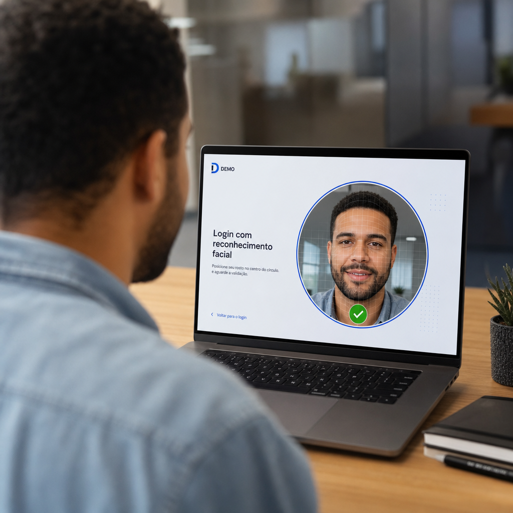 Colaborador registrando o ponto pelo computador com reconhecimento facial no Blue Ponto Web
