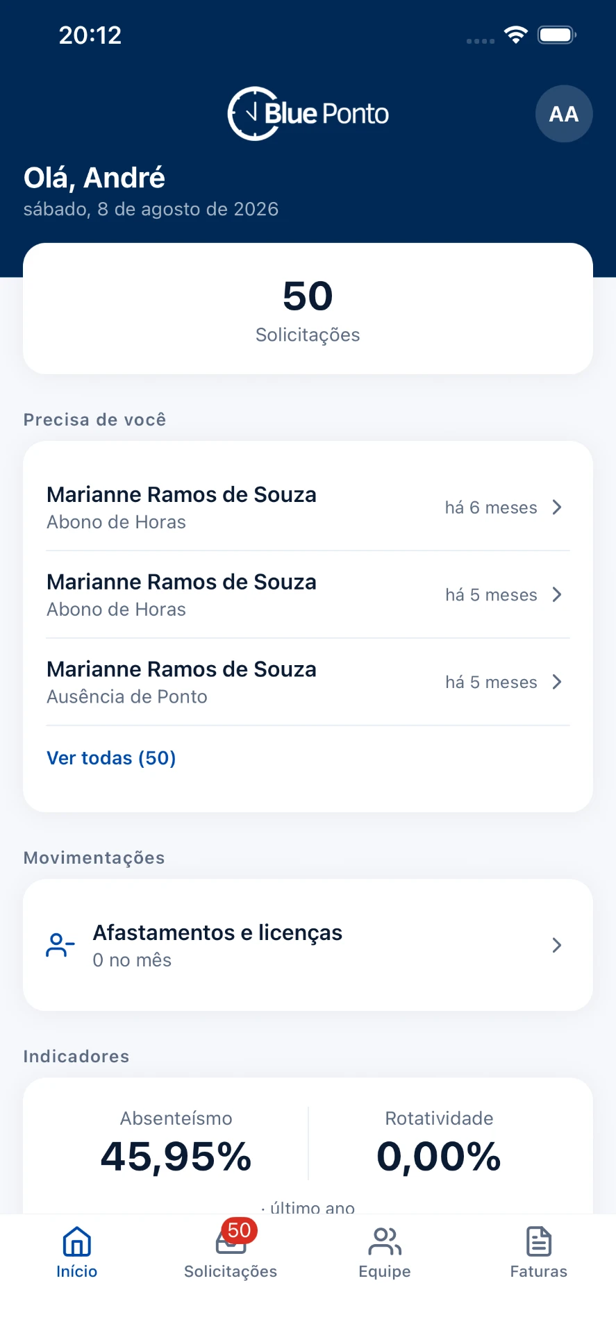 Tela inicial do app do gestor Blue Ponto com solicitações pendentes e indicadores de absenteísmo