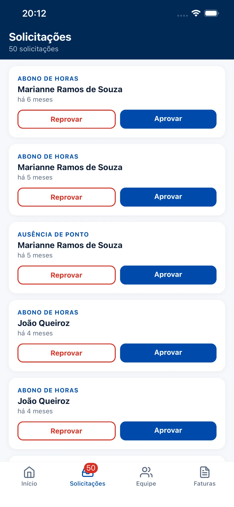 Fila de aprovações por nível de gestão no aplicativo do gestor