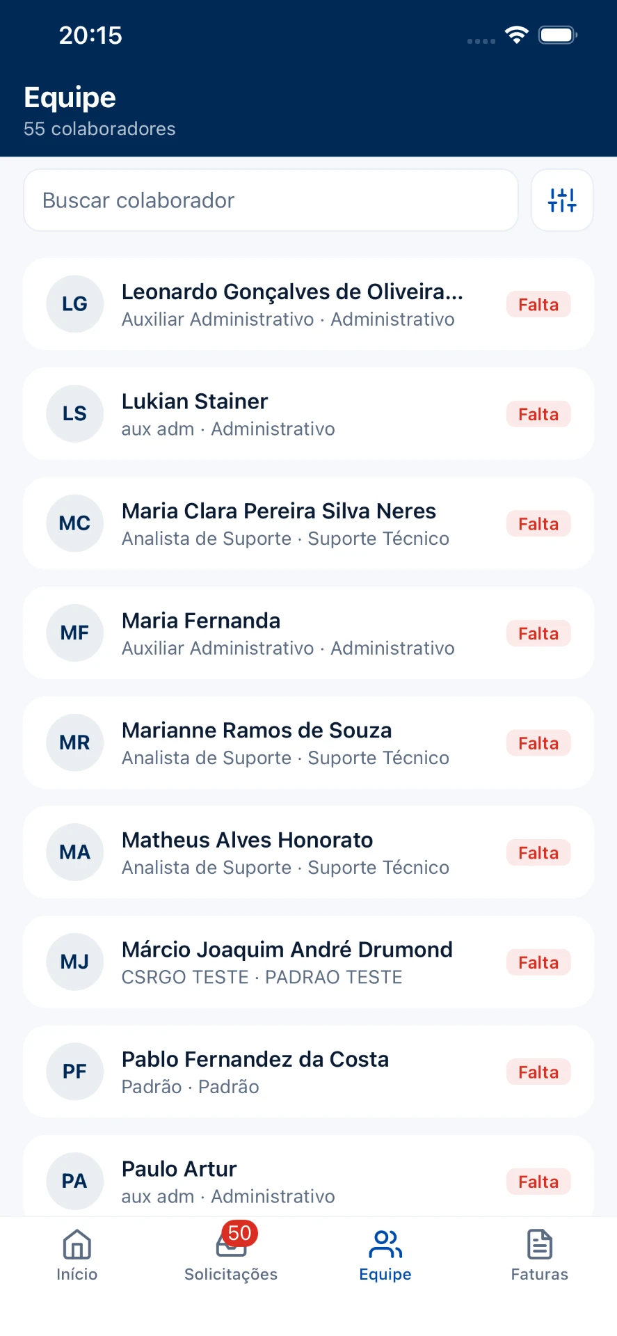 Aplicativo do gestor mostrando a equipe da unidade em tempo real