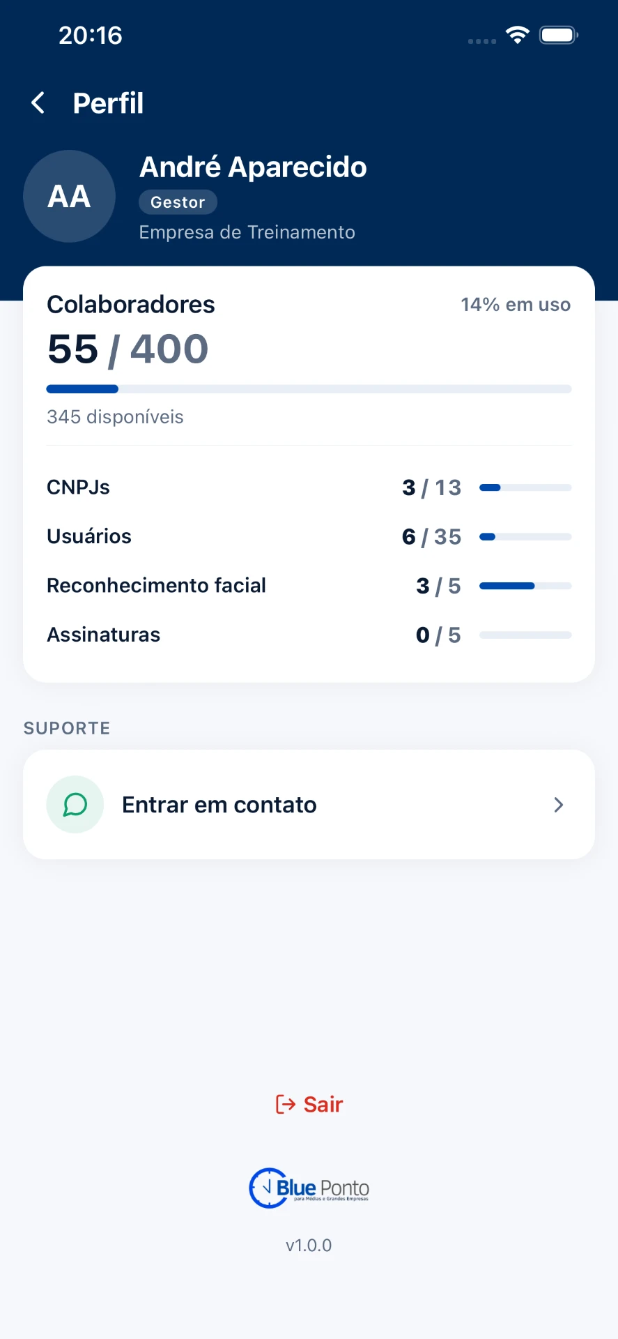 Tela de perfil do app do gestor Blue Ponto com limites de colaboradores, CNPJs e assinaturas