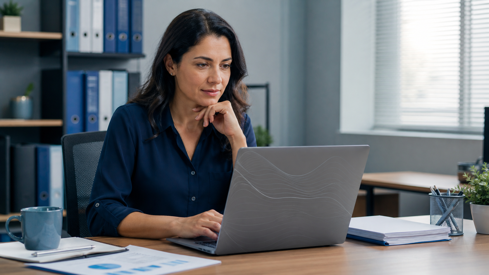 Profissional de RH analisa opções de sistema de ponto em notebook.