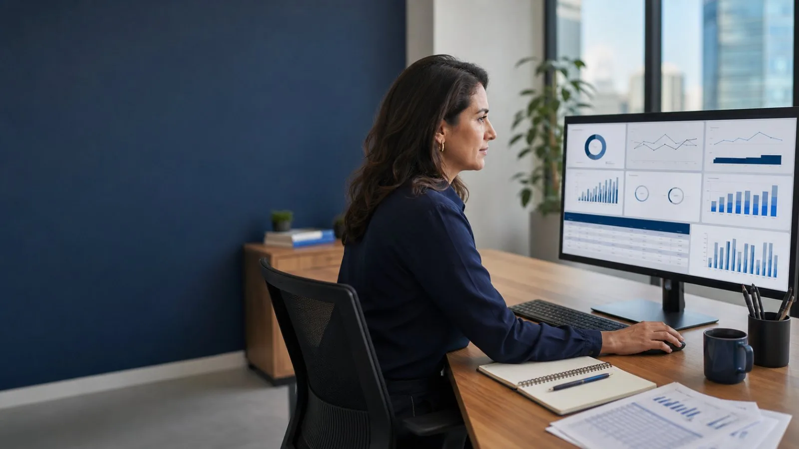 Gestora de RH analisa painel mensal de banco de horas em ambiente corporativo.