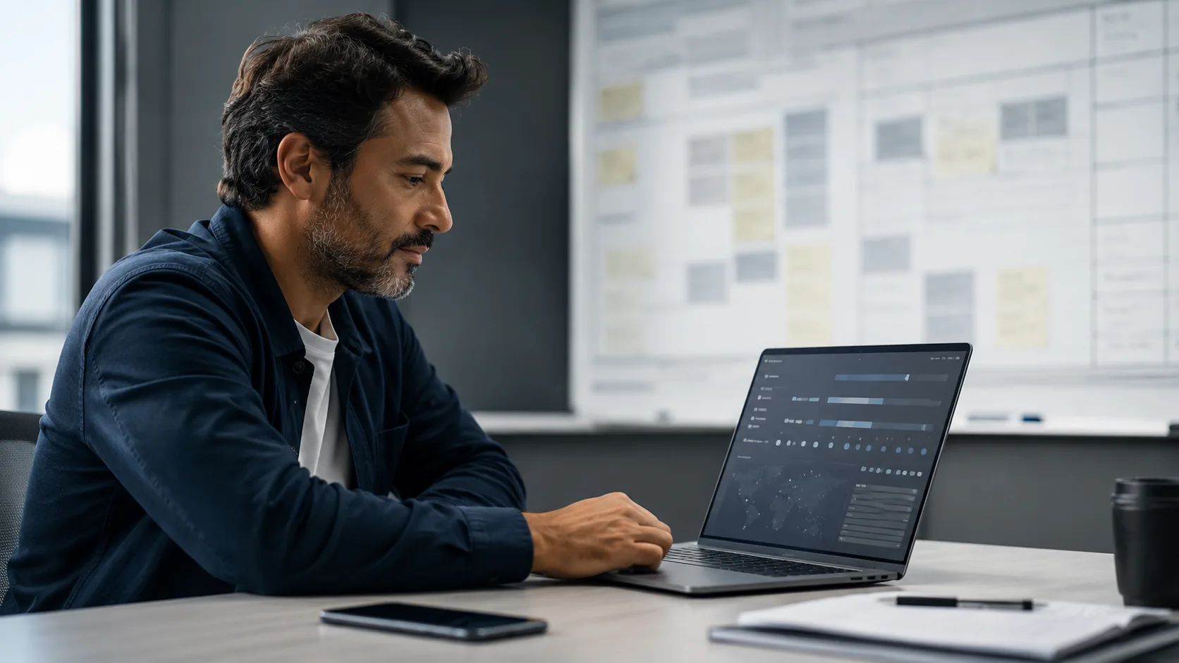 Gestor acompanha pelo notebook os registros de ponto da equipe em campo, com o quadro de escalas ao fundo