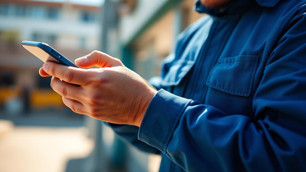 Trabalhador registrando ponto pelo aplicativo no celular em ambiente externo